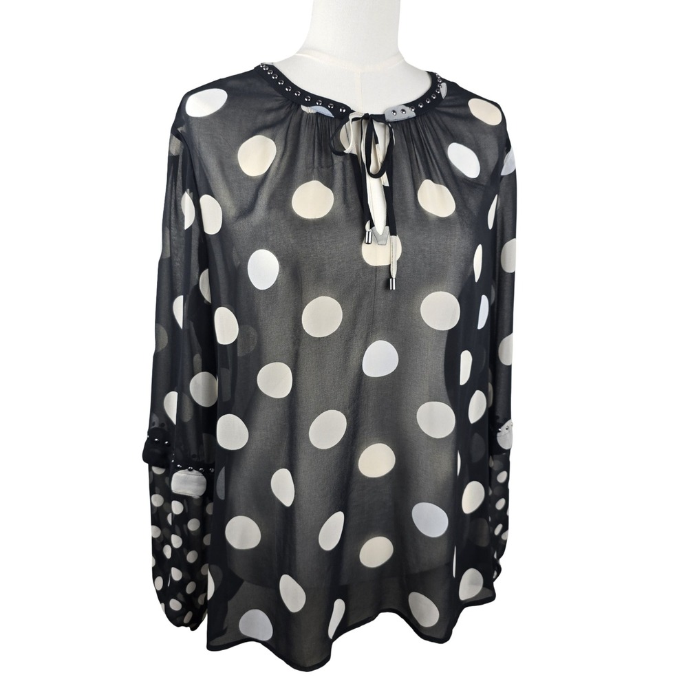 Chico's Polka Dot Blouse Women 2.5 Size 14 Black Sheer Studded Peasant Top